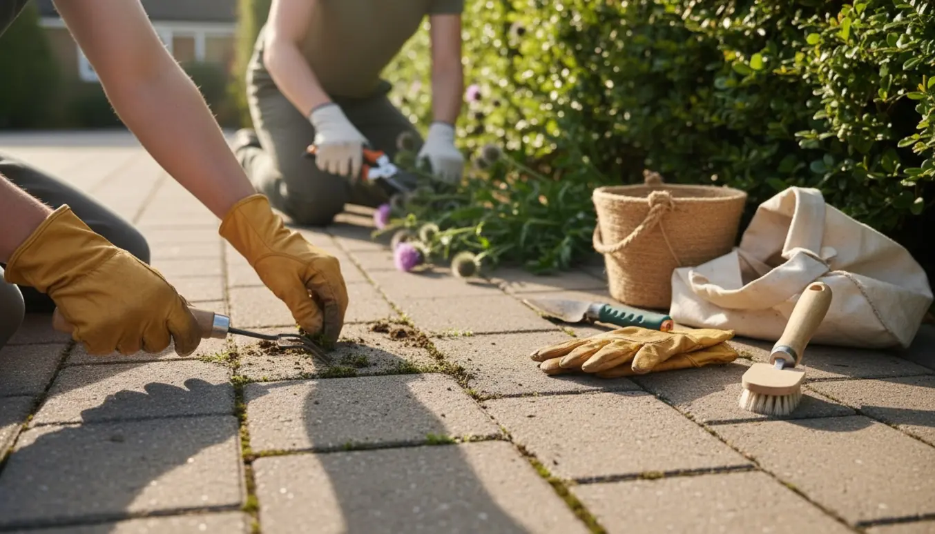Hænder i handsker fjerner ukrudt fra indkørsel og klipper tidsler fra en hæk med haveværktøj ved siden af.