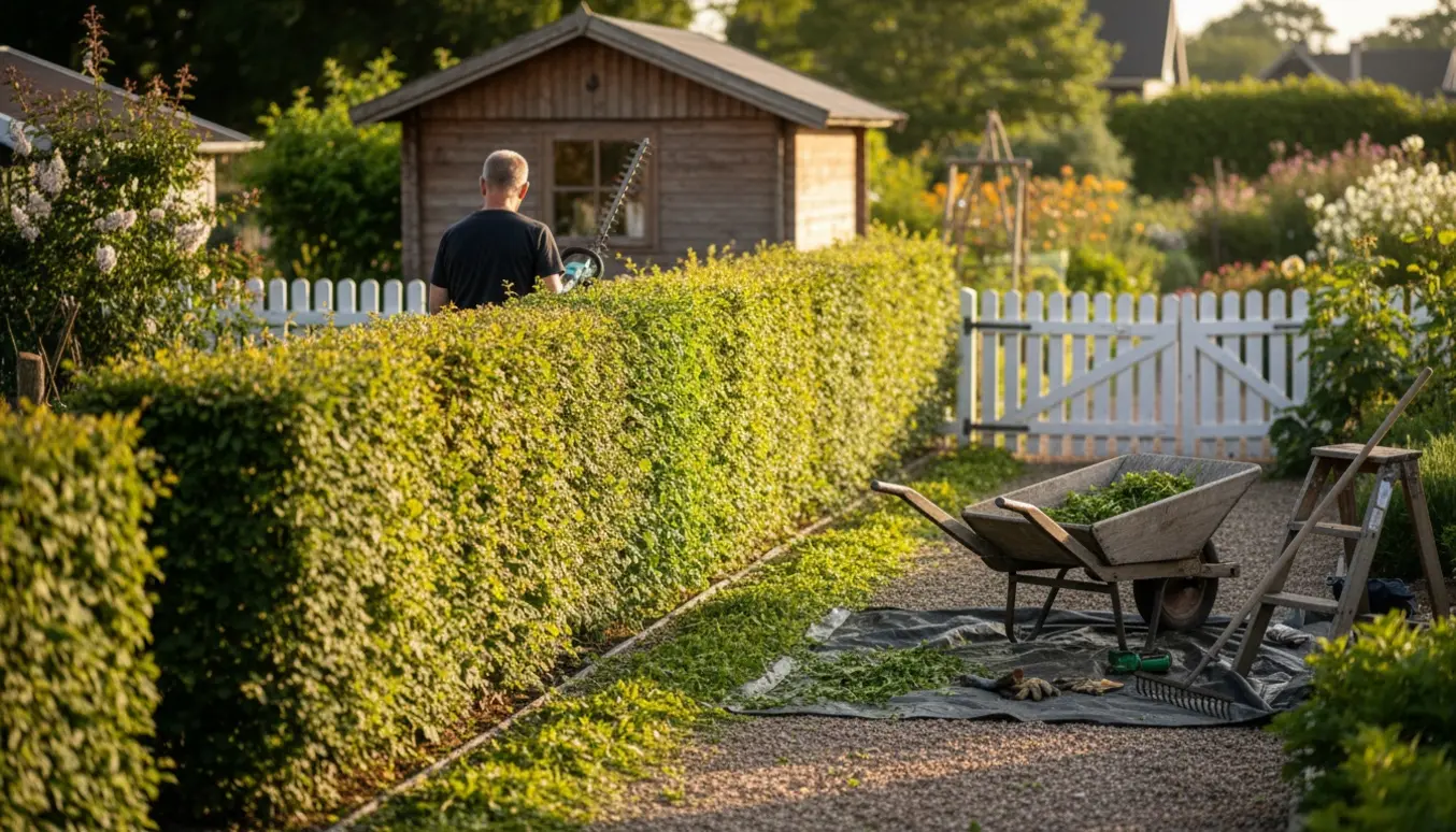 En kolonihavehæk klippes med en lang løvtrimmer, og afklip er samlet i en trillebør ved et hjørneplot.
