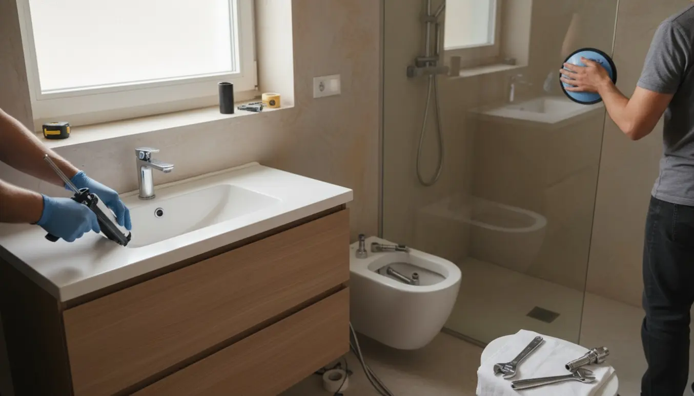 Montør monterer håndvaskmøbel, brusevæg, bruser og gulvstående toilet i et moderne badeværelse med microcement.