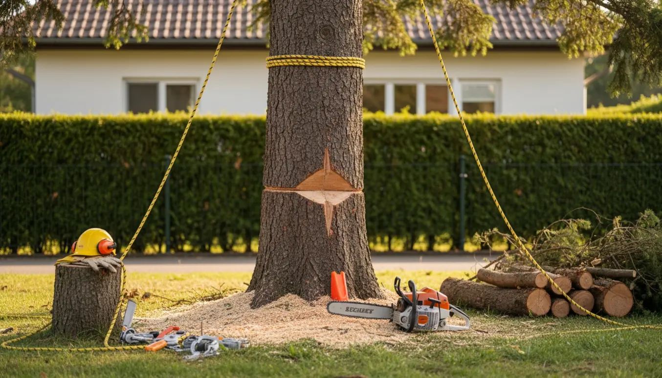 Forberedt fældning af et stort lærketræ i baghaven med motorsav, kiler og tov tæt på hus og hæk.