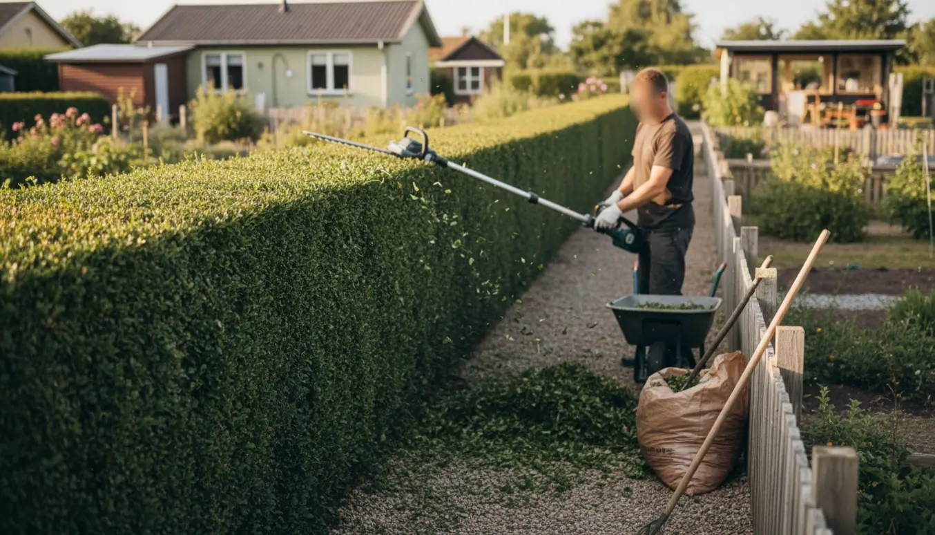 Lang ligusterhæk i kolonihave klippes med en langtrækkende elektrisk hækkeklipper, afklip samles i trillebør.
