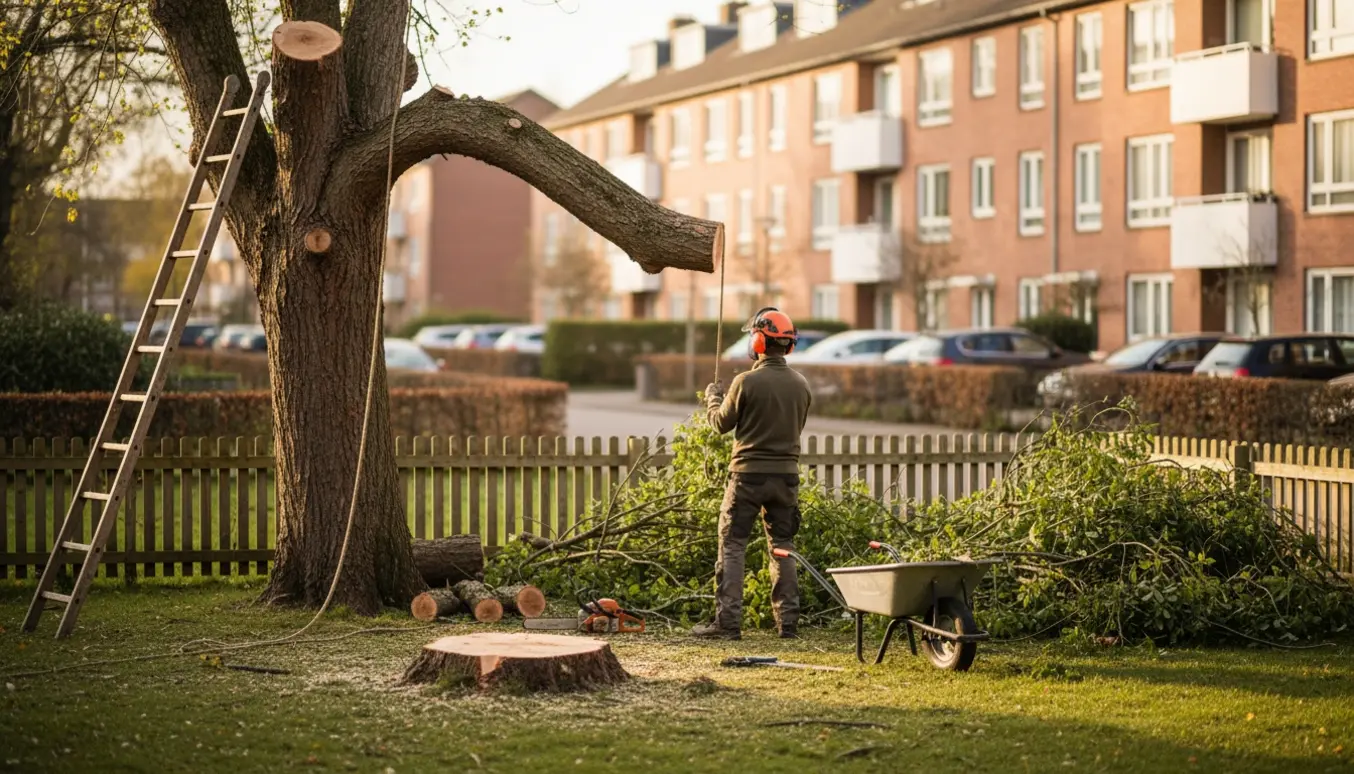 Arbejder fælder og beskærer et hyldetræ ved et hegn med save, trillebør og bunker af afskårne grene.