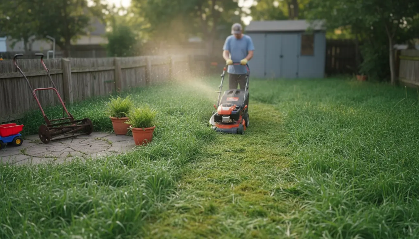 En lille have med langt græs, hvor en kompakt plæneklipper skærer en tydelig stribe gennem det tætte grønne græs.