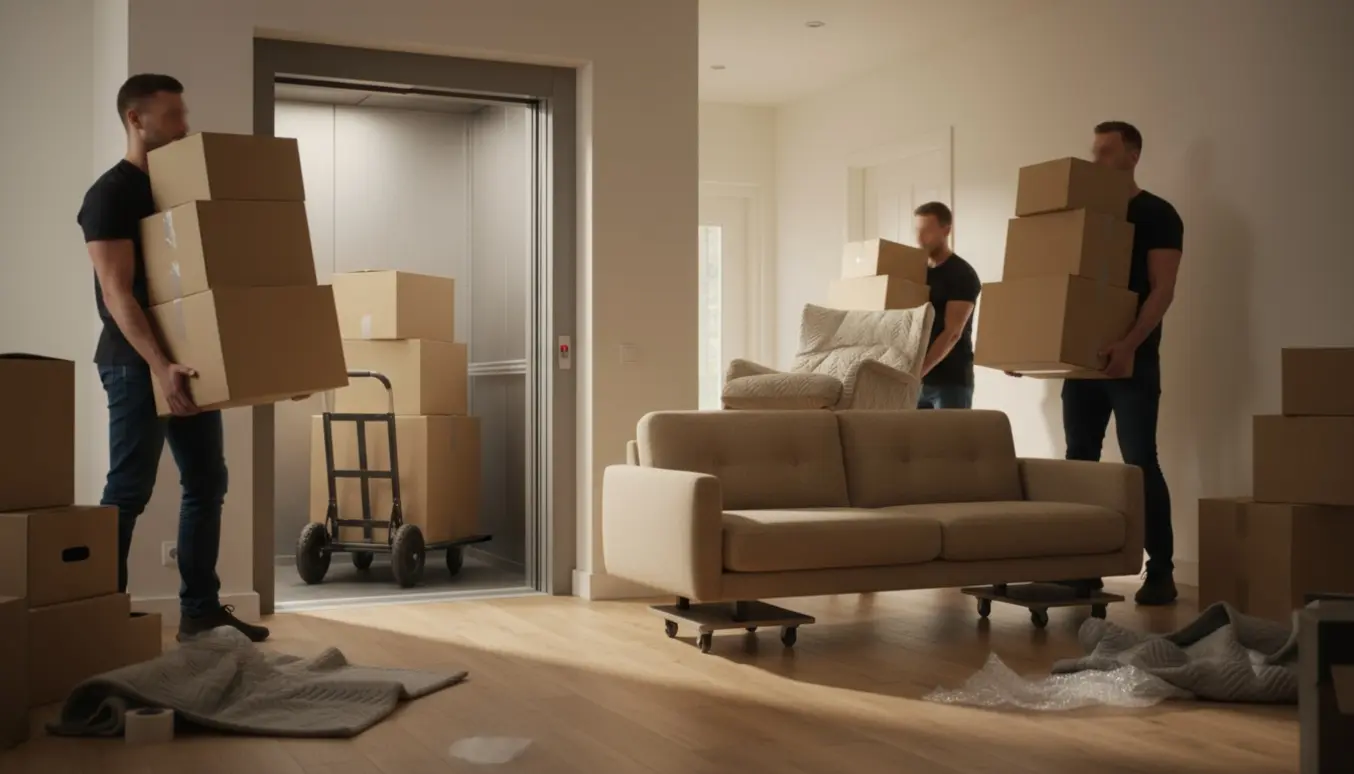 Hjælpere bærer flyttekasser og en indpakket lænestol ind i en lejlighed med sækkevogn og møbelhunde.