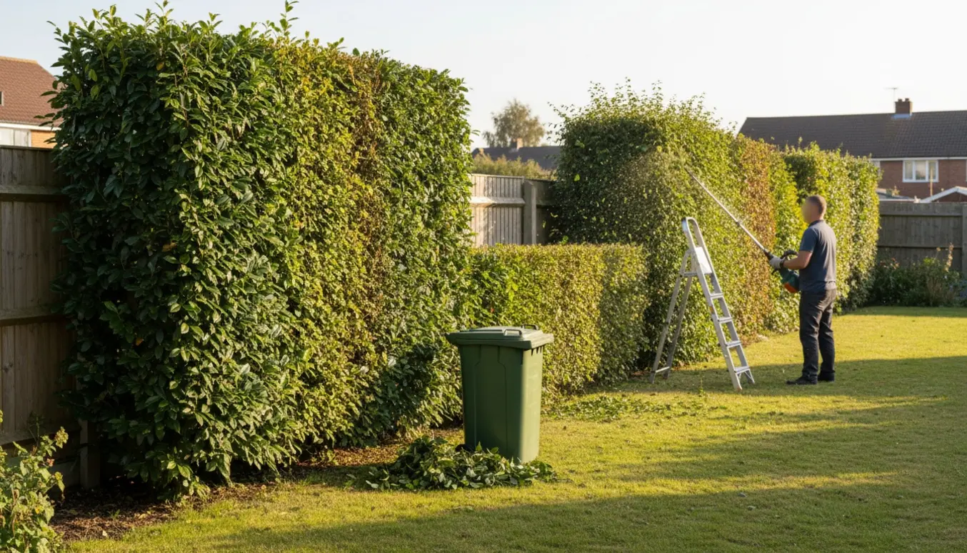 Lang ensidet hæk af primært kirsebærlaurbær og bøg under klipning med handske‑klædte hænder ved en hækklipper.