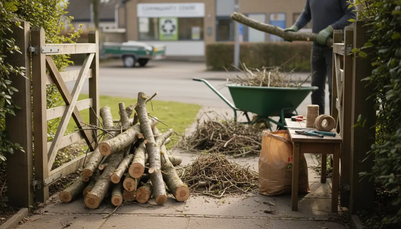 Bunke med grene og småkviste inde ved en åben havelåge, klar til afhentning og bortkørsel.