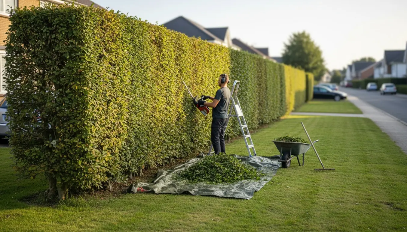 En person klipper en lang bøgehæk fra egen grund med hækkeklipper og opsamlede afklip.