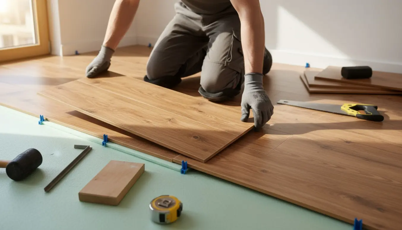 Nærbillede af klikgulv, hvor plankegulv lægges med værktøj og afstandsstykker i et lyst rum.