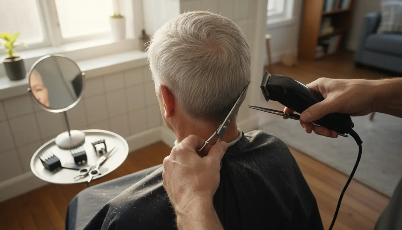 Hjemmeklip af en ældre mand set bagfra, hvor hænder bruger trimmer og saks til at forme kort, gråt hår.