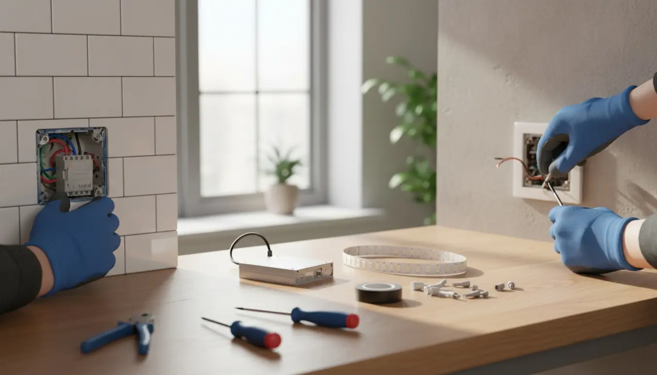 Elektriker arbejder med lysdæmper i badeværelse, reparation af stikkontakt og installation af LED-strømforsyning på et solbelyst arbejdsbord.