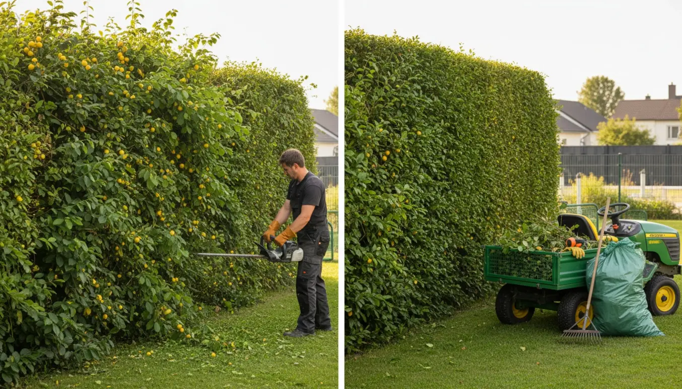 Person klipper en 50 m blandet hæk (liguster, hassel, mirabelle) på ca. 2 m højde med benzin-hækkeklipper, afklip samles i trillebør og trailer.