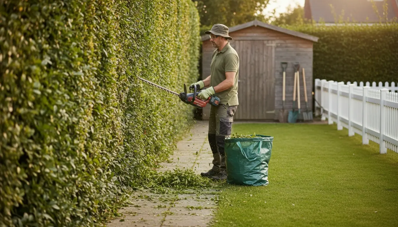 Person klipper en 1,5 m høj hæk med en elektrisk hækkeklipper, mens afklip samles i en trillebør i en solrig baghave.