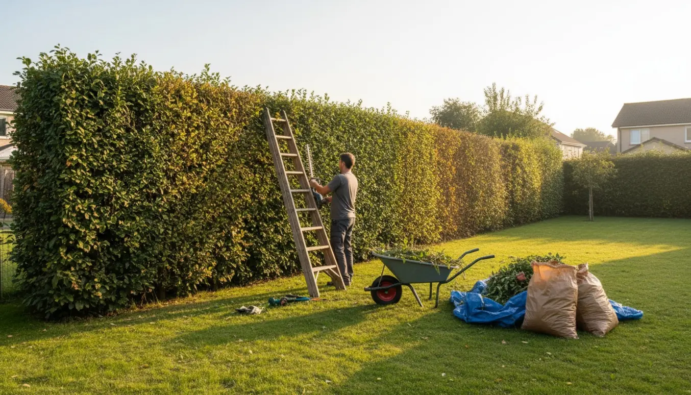 Person set bagfra klipper en 6 meter lang, 2 meter høj hæk og samler afklip i trillebør og poser.