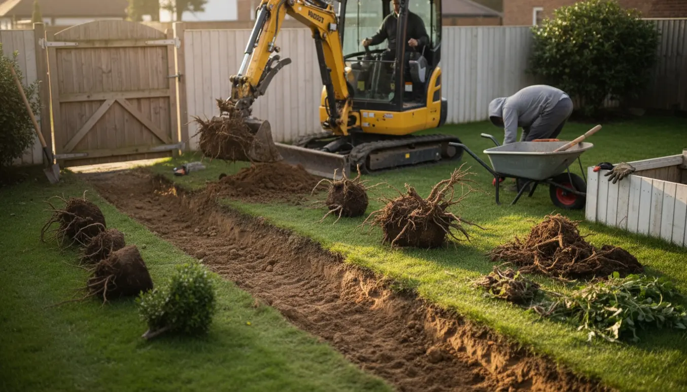 Mini-gravemaskine løfter en rodklump i en baghave med opgravede rødder og ukrudt samlet i bunker.