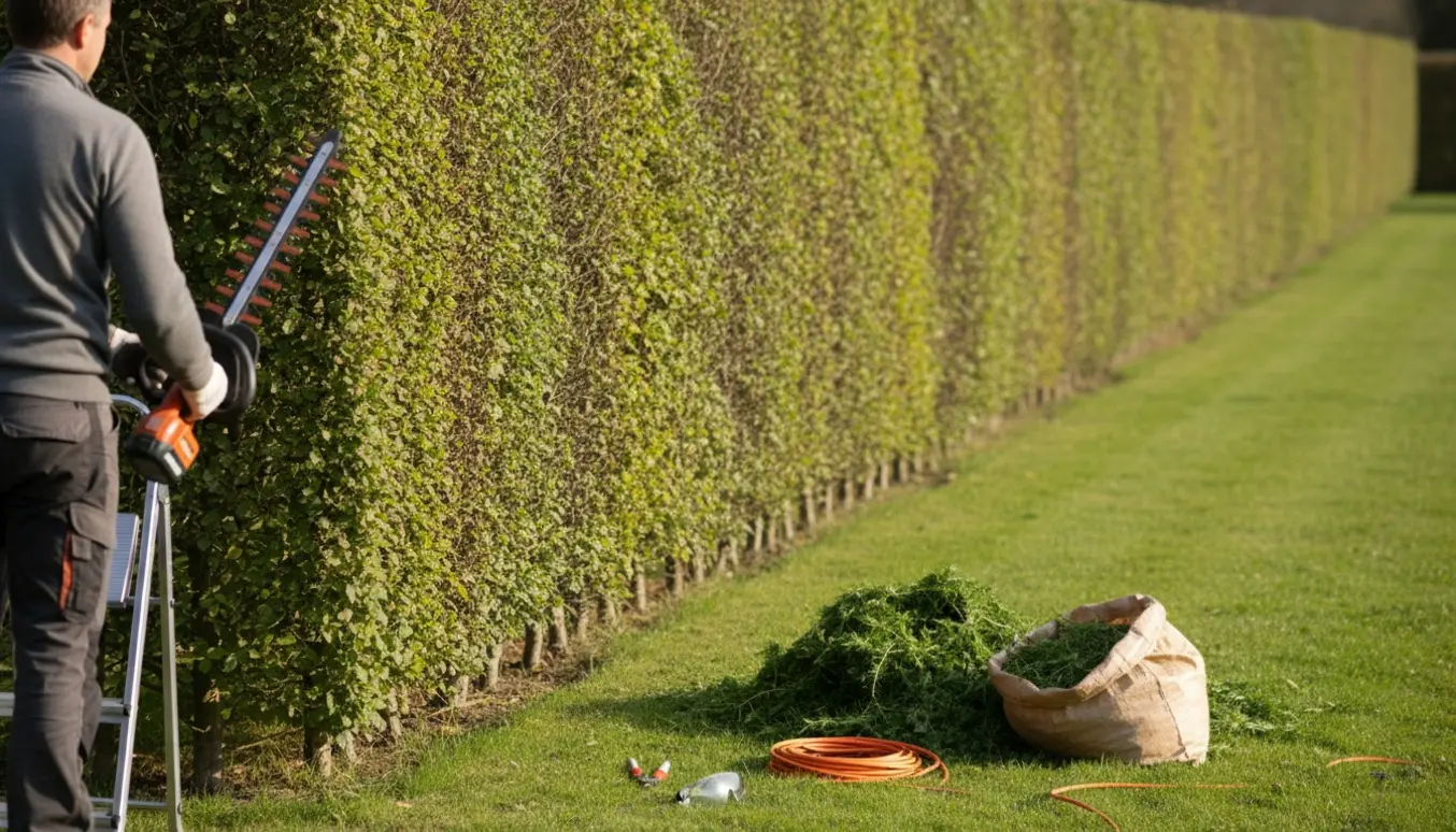 Person trimmer en lang lærkehæk fra bagsiden med hækklipper og en bunke afklip ved græsset.
