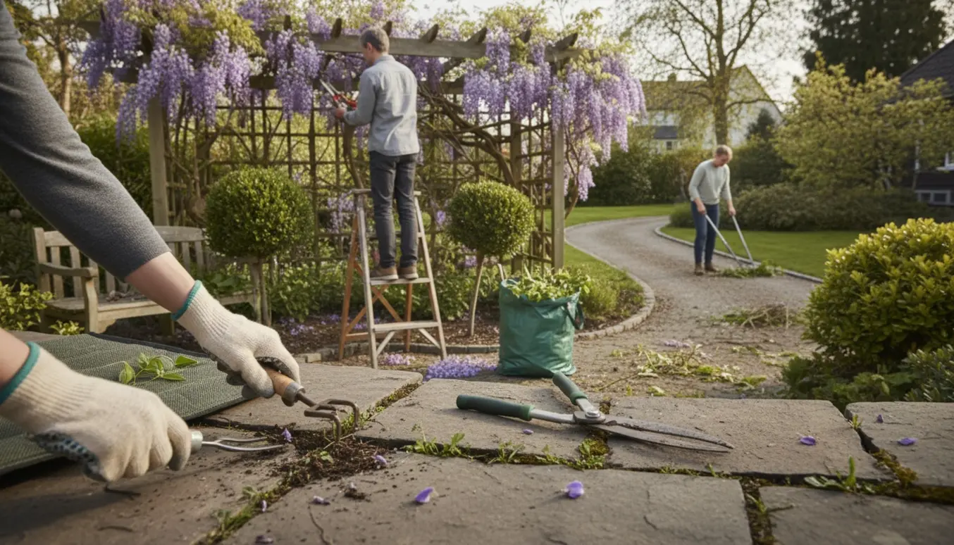 Hænder fjerner ukrudt mellem fliserne, mens en person beskærer blåregn og buske på en solrig terrasse.
