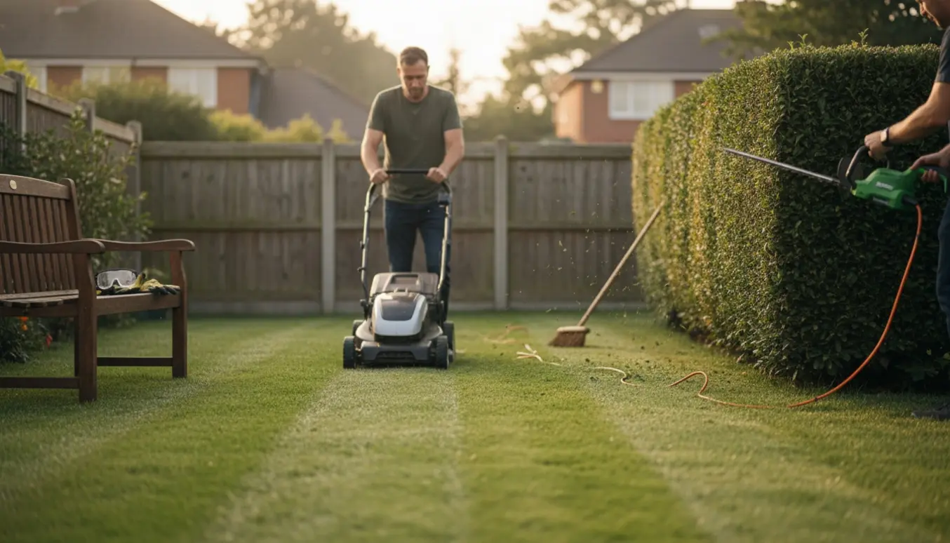 Nærbillede af en nyslået plæne med stribede klipninger og en nytrimmet hæk, personens ansigt er uden for billedet.