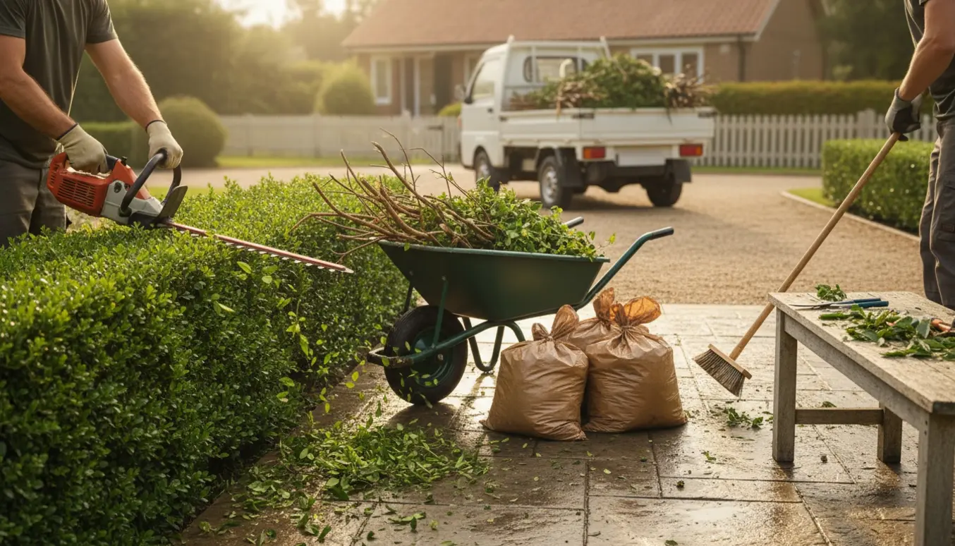 En person klipper hæk og rydder haveaffald ved fliser med en fyldt skubbevogn og åben varevogn i baggrunden.
