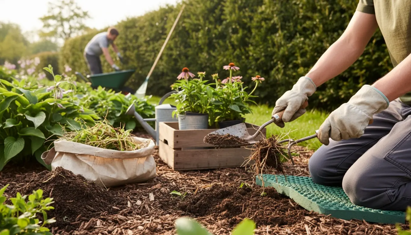 Hæk og et lille beplantet bed bliver renset for ukrudt af handskerede hænder.