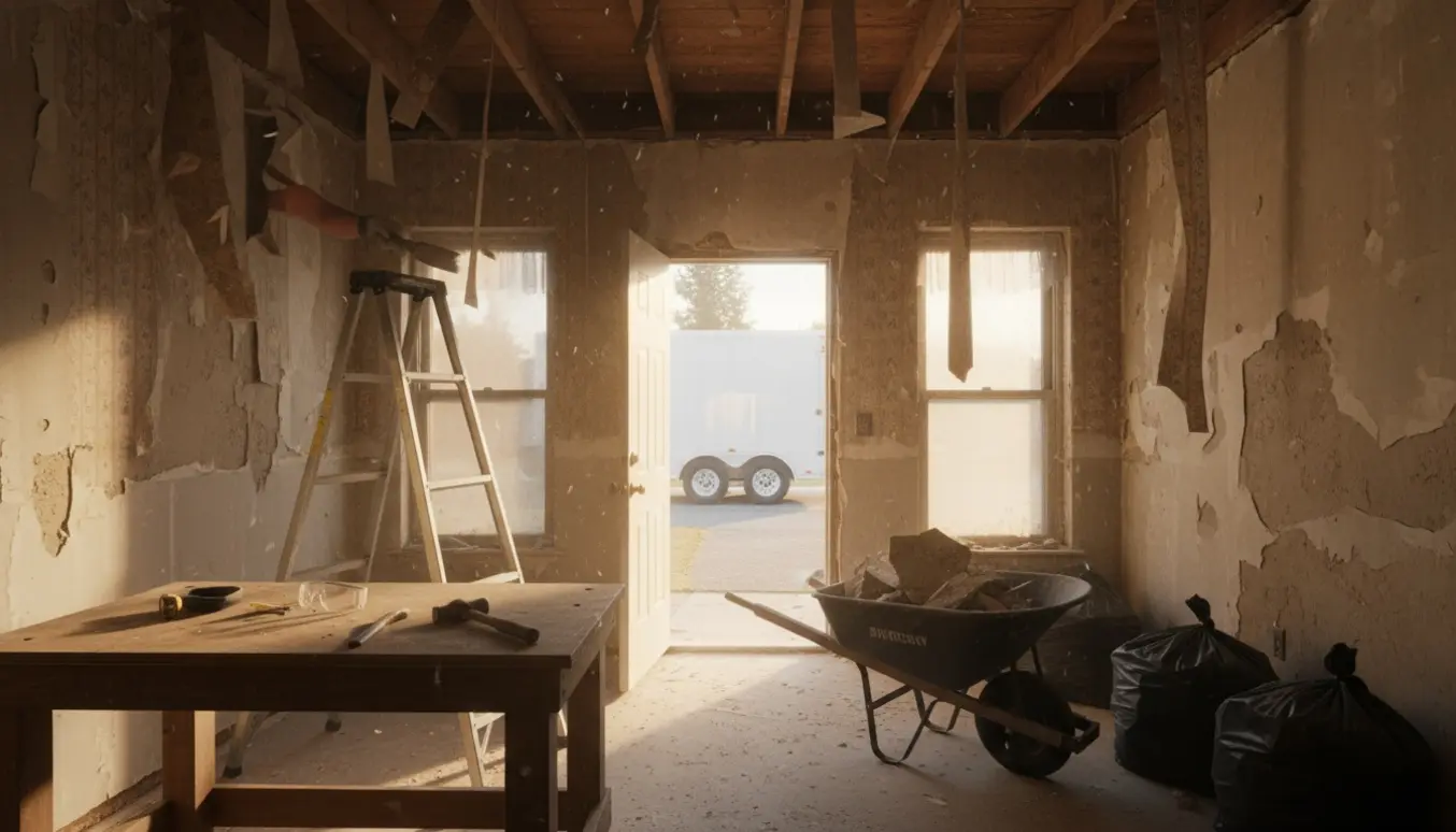Partielt nedrevet rum med fjernet loft, afskallet tapet, værktøj og trailer udenfor klar til bortskaffelse.