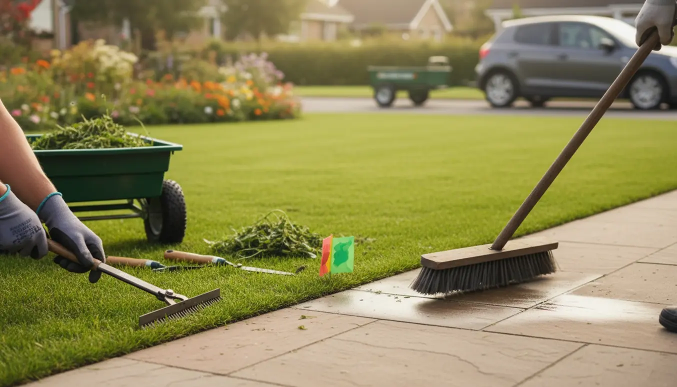 Hænder trimmer græskanter, luger ukrudt og fejer fliser ved en trailer med haveaffald.