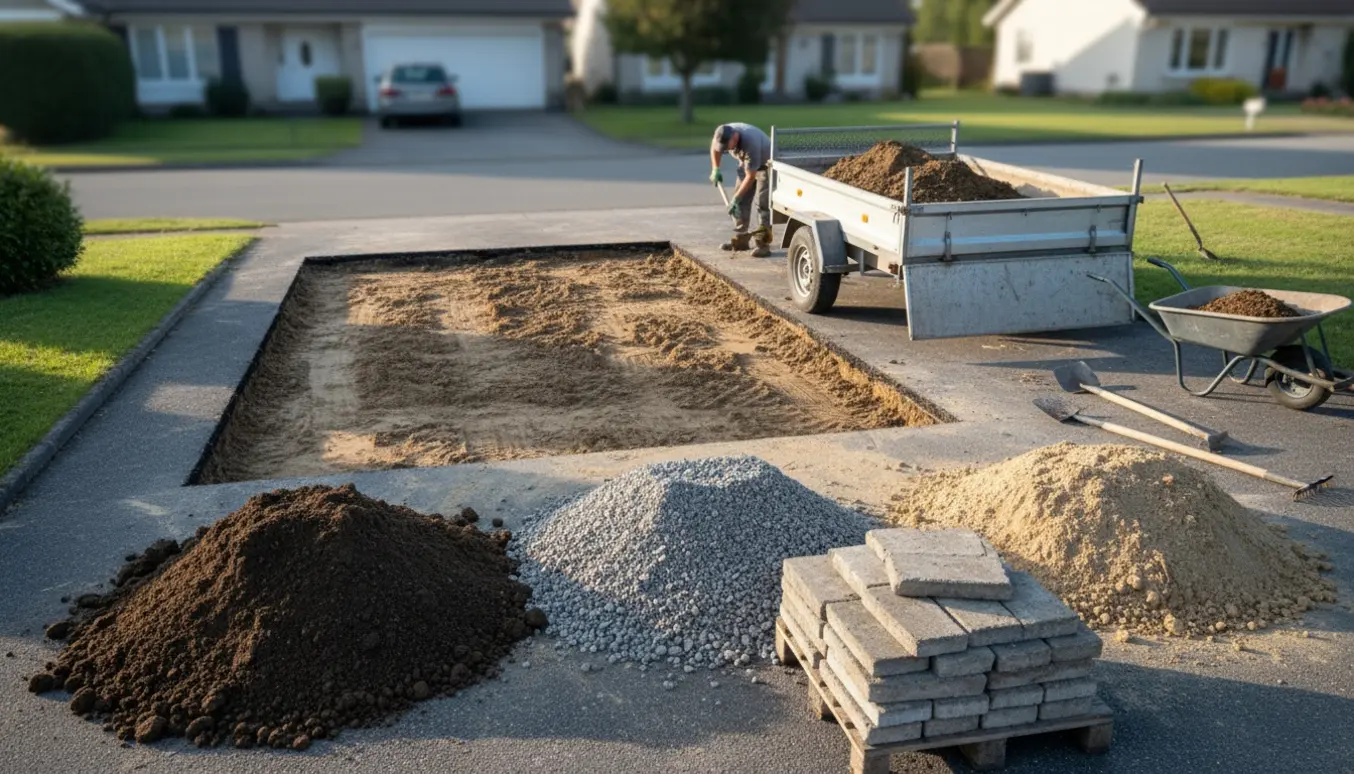 Indkørsel med opgravet jord, bunker af grus og sand, stak gamle fliser og en åben trailer klar til bortkørsel.