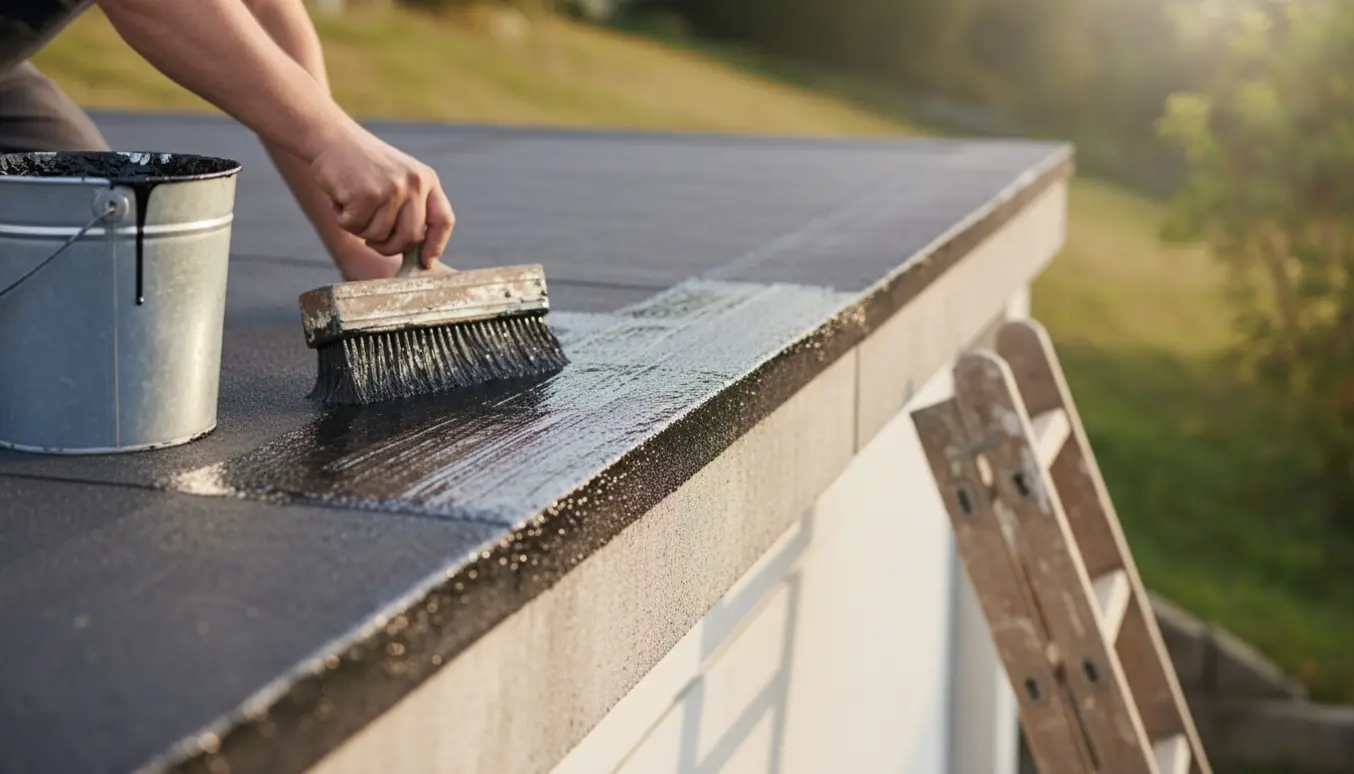 Nærbillede af påføring af flydende asfalt på et lavt garagetag med kost og spand, uden synlige ansigter.