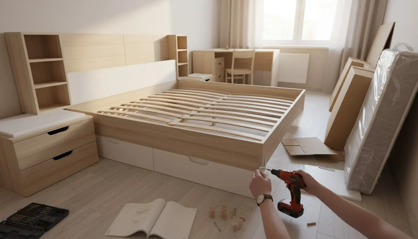 Delvist samlet seng i et kollegieværelse med værktøj, åben samlevejledning og hænder, der spænder skruer.