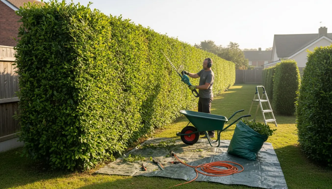 En person beskærer en lang, cirka 1,9 m høj hæk med trimmer mens klip lægges i en trillebør.