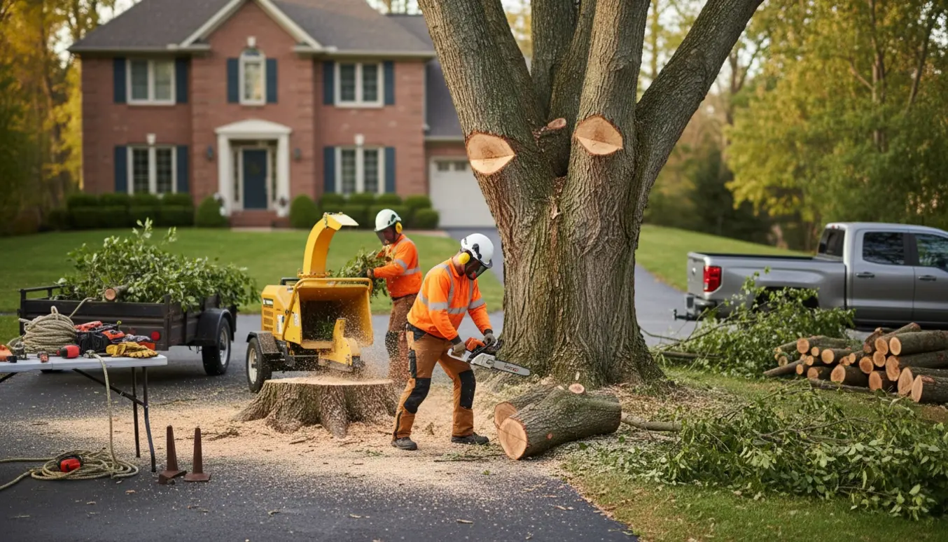 Arborist fælder træ ved indkørsel og fjerner grene, kviste og stub med maskiner.