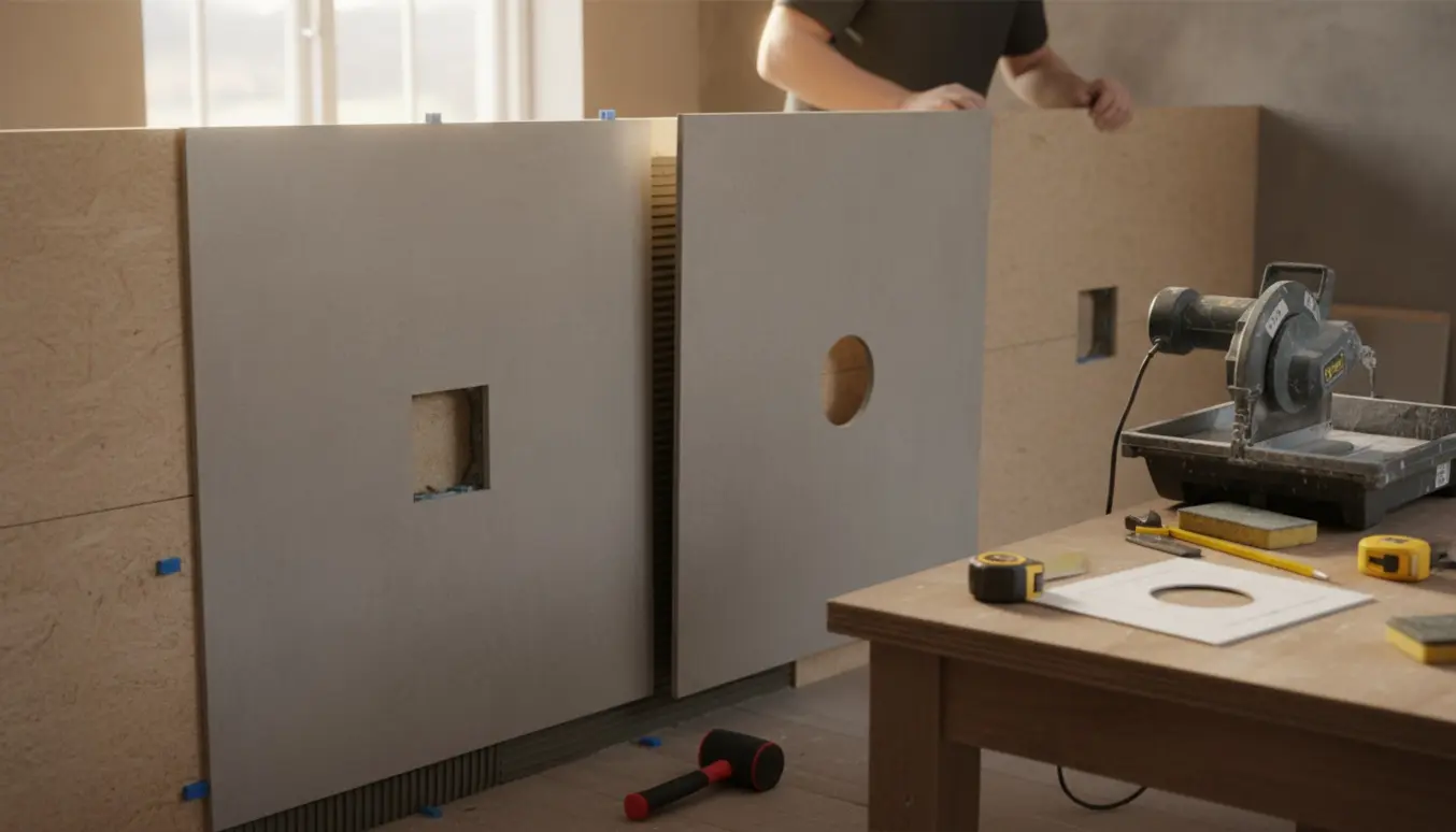 To store keramiske fliser (60x120 cm) monteres på malede Cimbrit-plader med udskæringer til to stikkontakter.