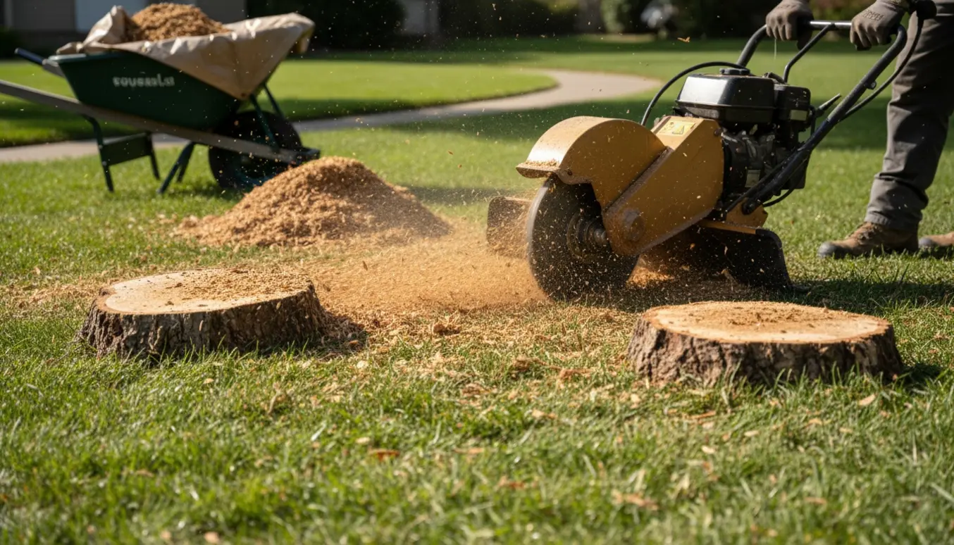 Rodfræsning af tre lave stubbe på en græsplæne med en maskine og træflis, uden synlige ansigter.
