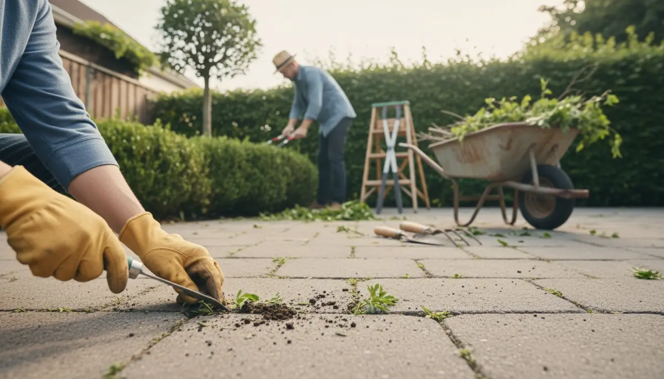 Havearbejde med lugning mellem fliser, klipning af hæk og beskæring af busk ved trillebør med grenaffald.