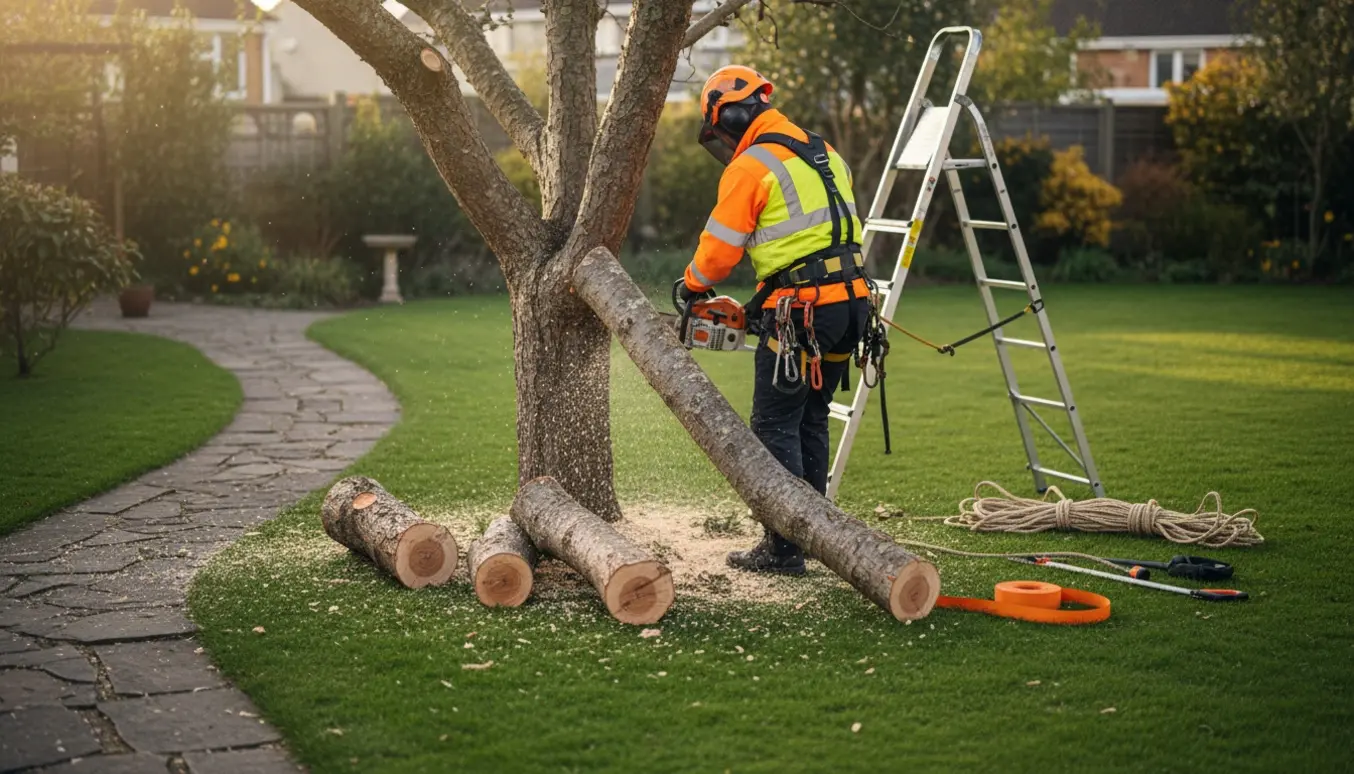 En træarbejder saver tre store grene af et træ i en have med stige, tov og afskårne grene på græsset.