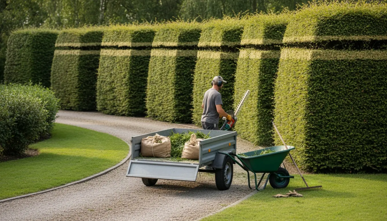 Fire buede thuja-hække bliver klippet, og klippeaffald læsses i en trailer ved indkørslen.