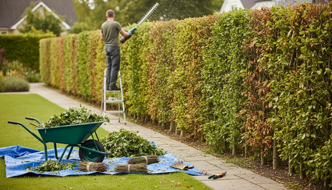 Lang bøgehæk klippes ned med hækkeklipper, afklip samles i trillebør og på presenning.