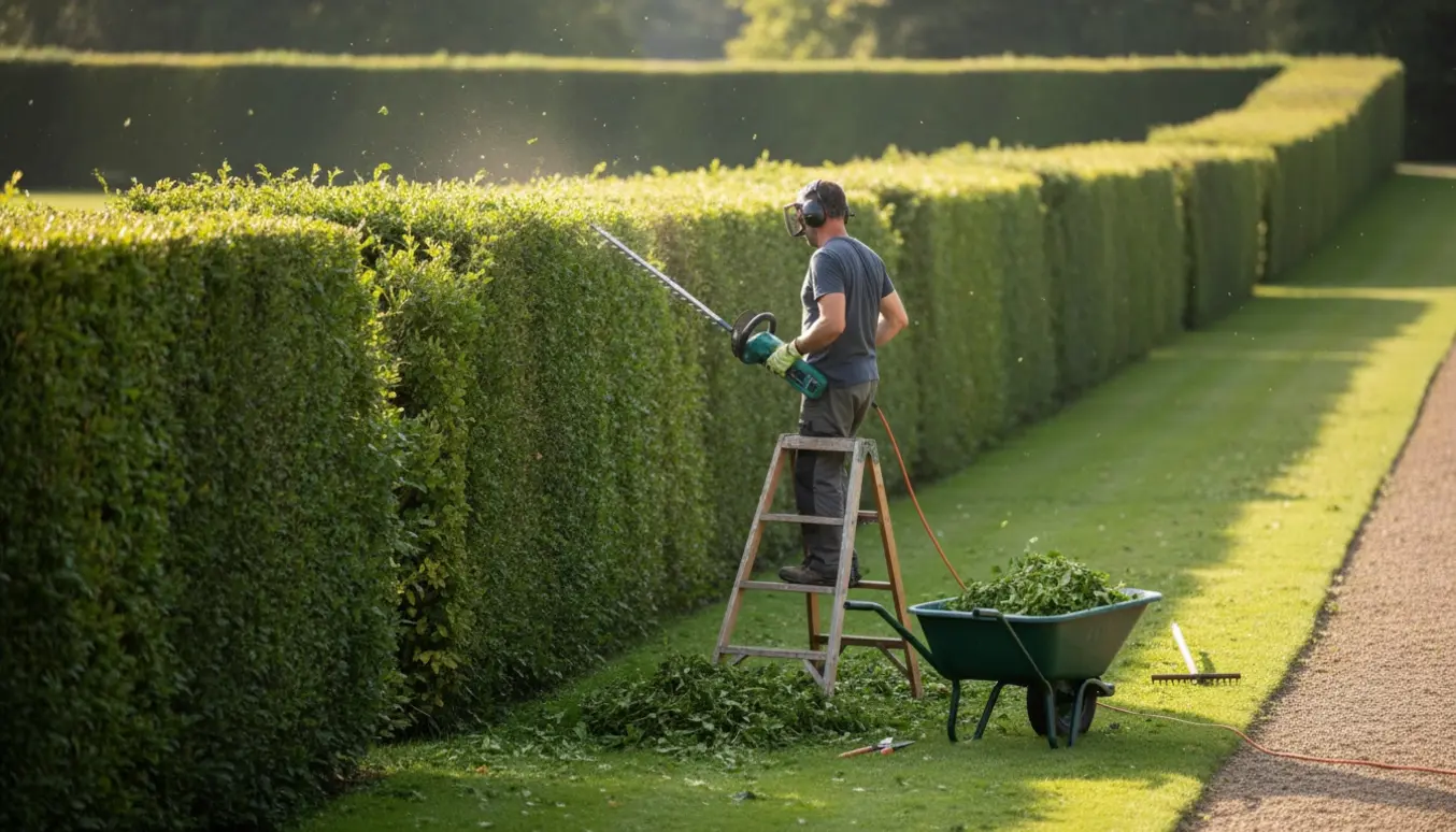 Gartner set bagfra klipper en lang, 2,5 m høj hæk med afklip og skovl i forgrunden.
