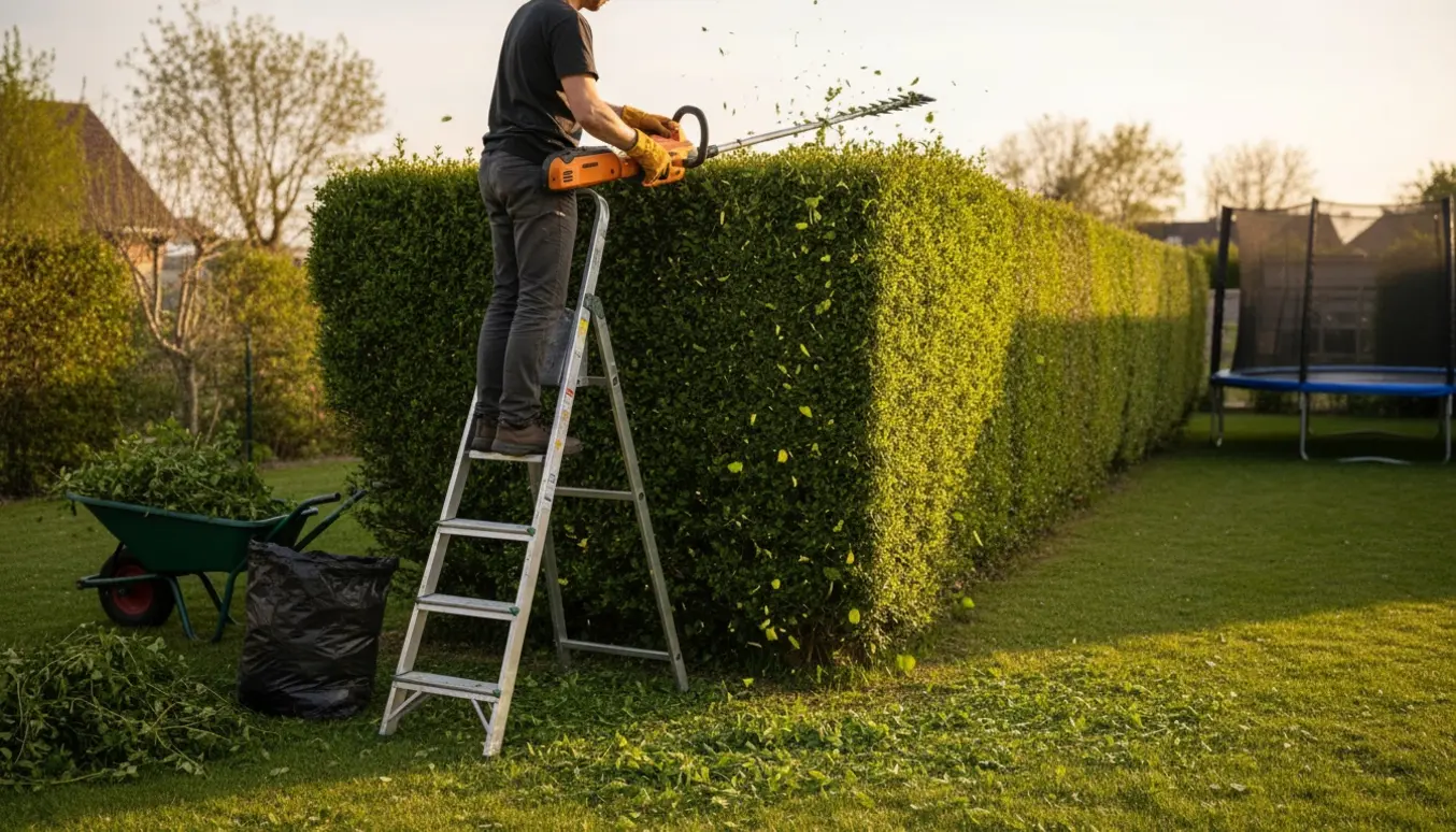 Person klipper en cirka 2 m høj hæk fra en trappestige med hækklipper, afklip og trillebør i baggrunden.