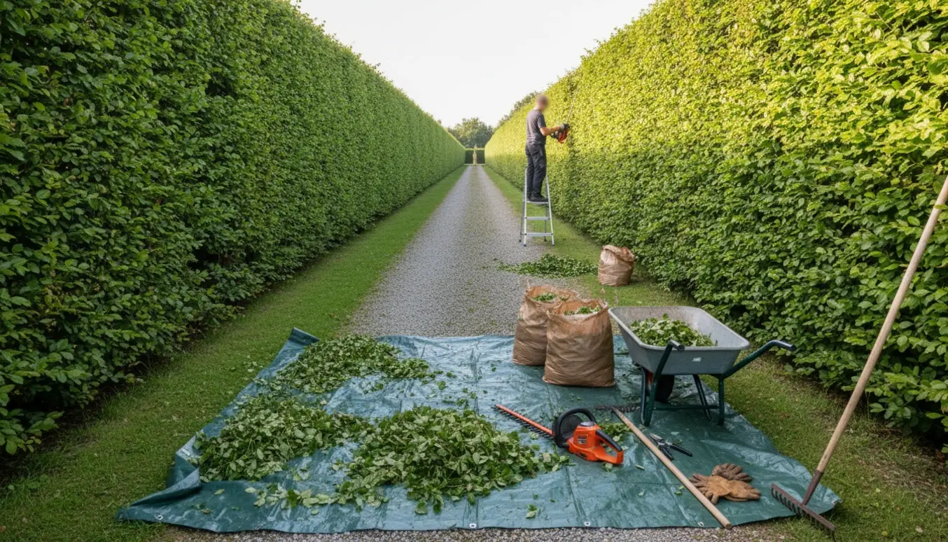 Bøgehæk på cirka 80 m klippes fra begge sider og toppen med hækkeklipper, trillebør og redskaber ved siden af.