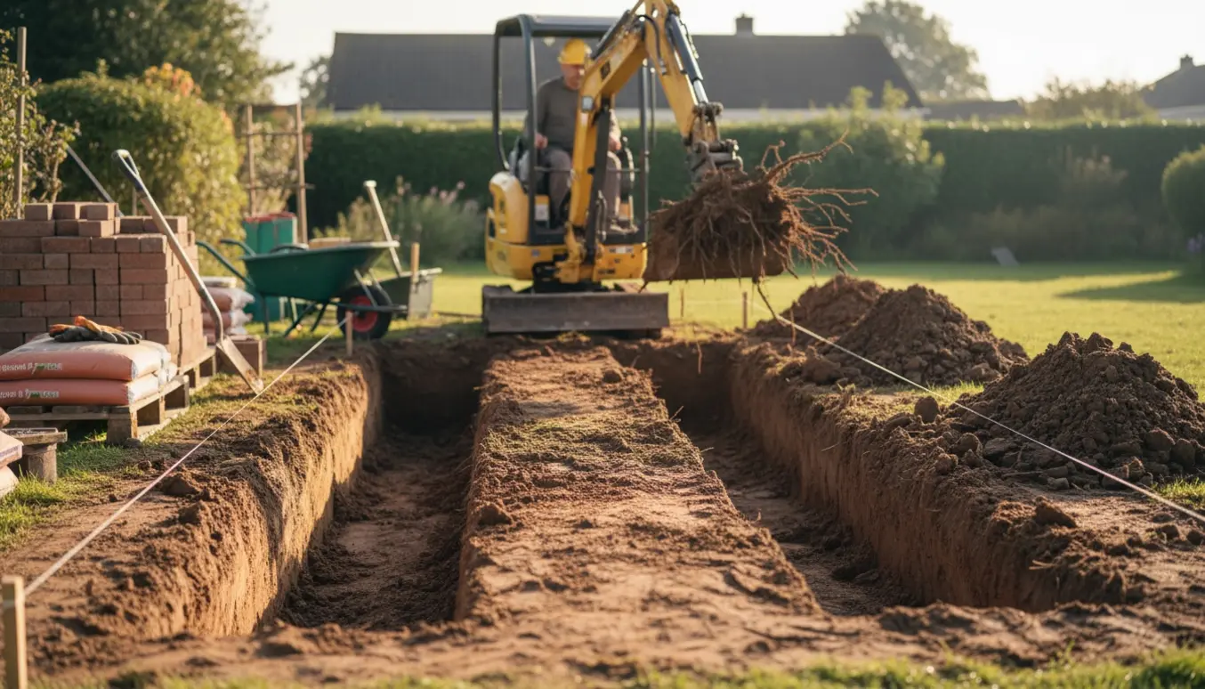 Minigraver graver tre fundamentrender i lerjord med bunker af ler og mursten ved siden af.