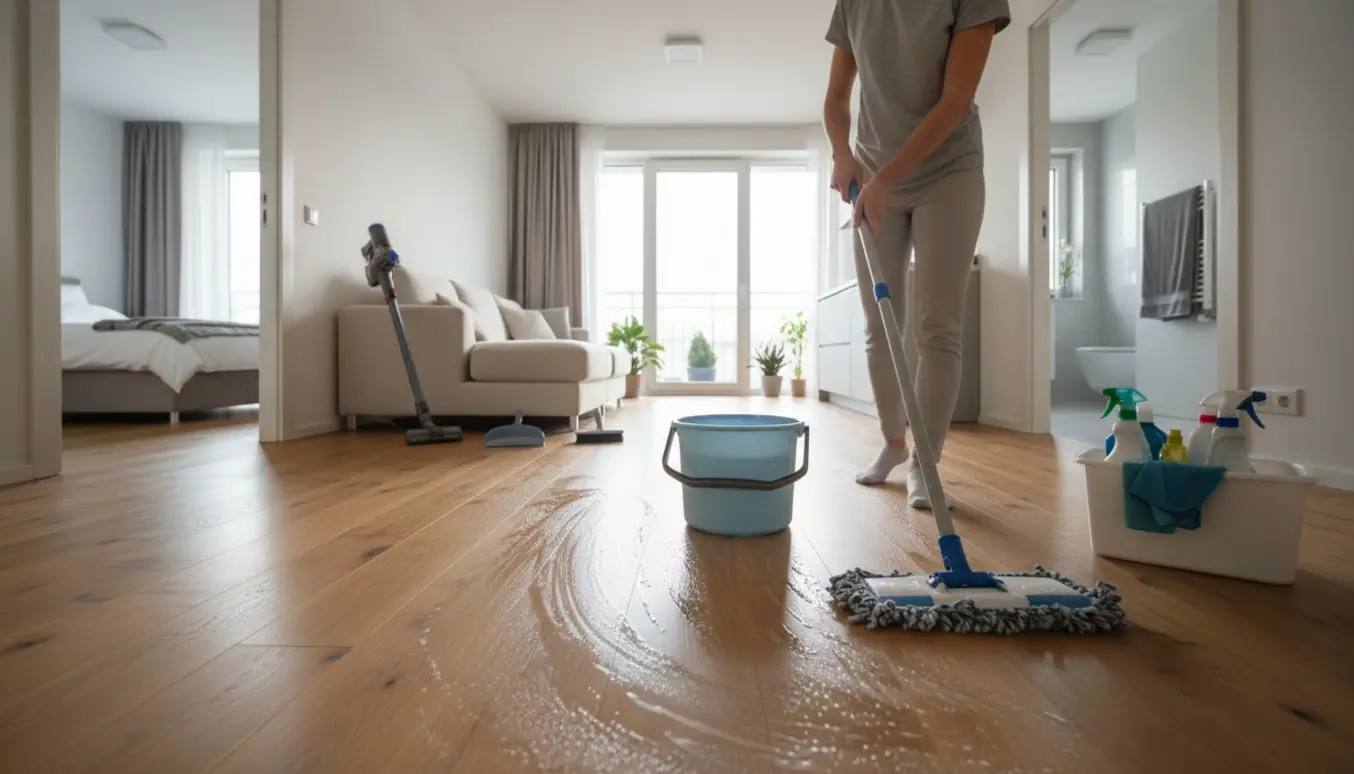 Hænder mopper trægulvet i en lys, moderne lejlighed med udsigt til stue, køkken og balkon.