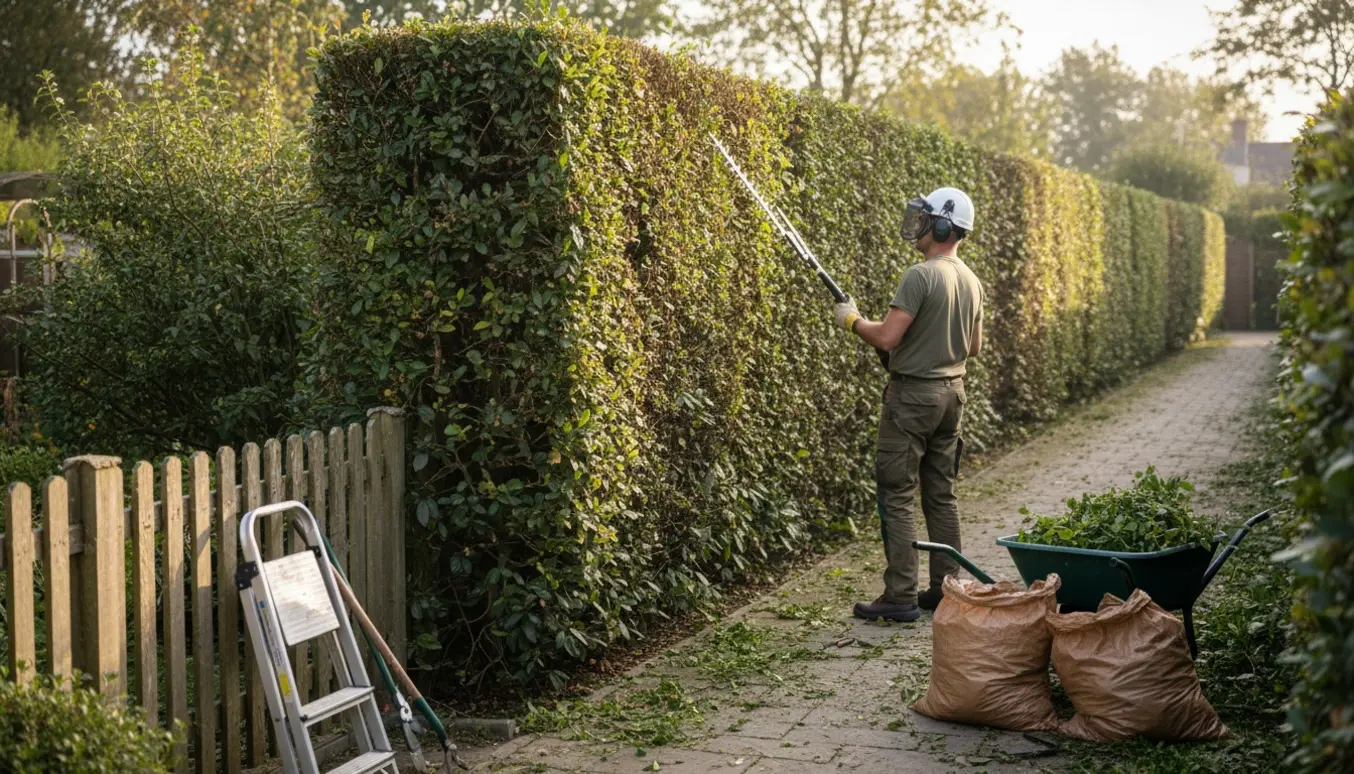 Person trimmer en blandet hæk langs en solbelyst gangsti med trillebør og bunker af grønt haveaffald.