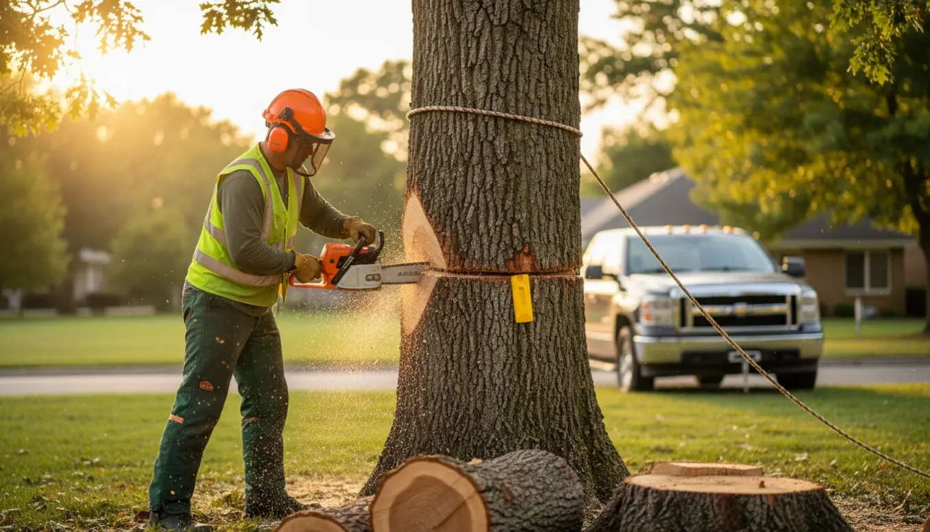En træfælder i sikkerhedsudstyr skærer et træ ned med motorsav, mens savsmuld flyver og stykker af stammen ligger klar.