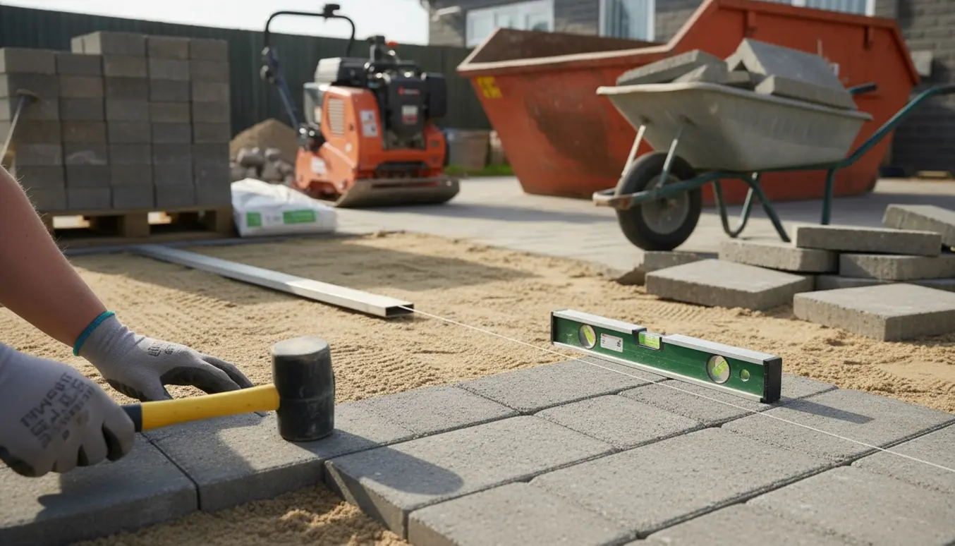 Hænder lægger nye 20x15 cm fliser efter fjernelse af gamle 50x50 betonfliser med værktøj og materialer klar i baggrunden.