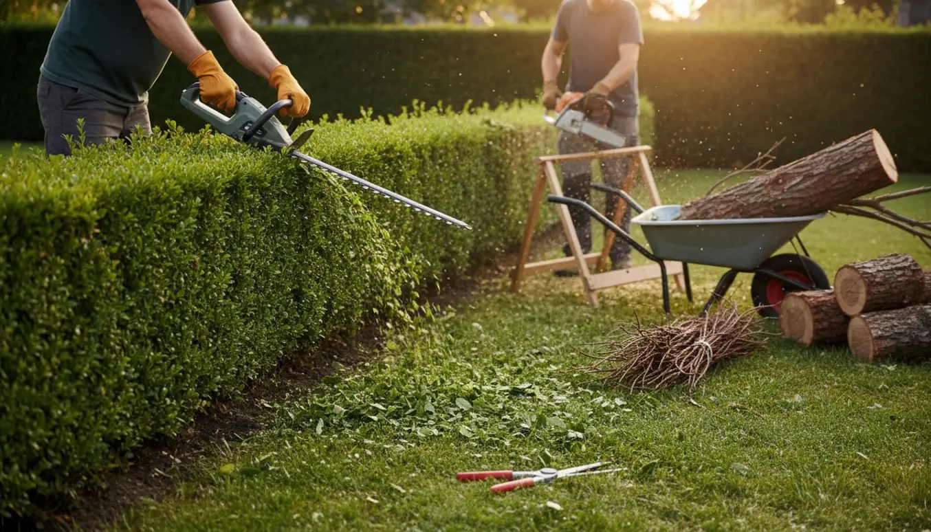 Hækkeklipning med hækkeklipper, afsavet træ og bunker af afskårne grene i en solbeskinnet have.