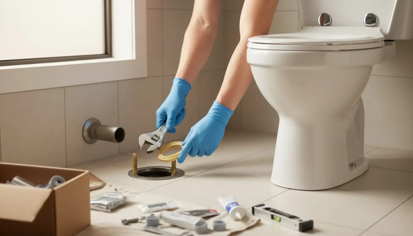 Montage af nyt toilet med dobbeltskyl ved en synlig vandret afløbsflange på badeværelsesgulvet.