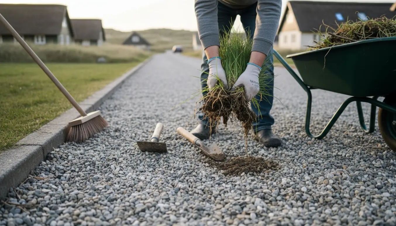 Nærbillede af handsker, redskaber og et bundt flyvegræs, der trækkes op af en grusindkørsel ved en kystby.