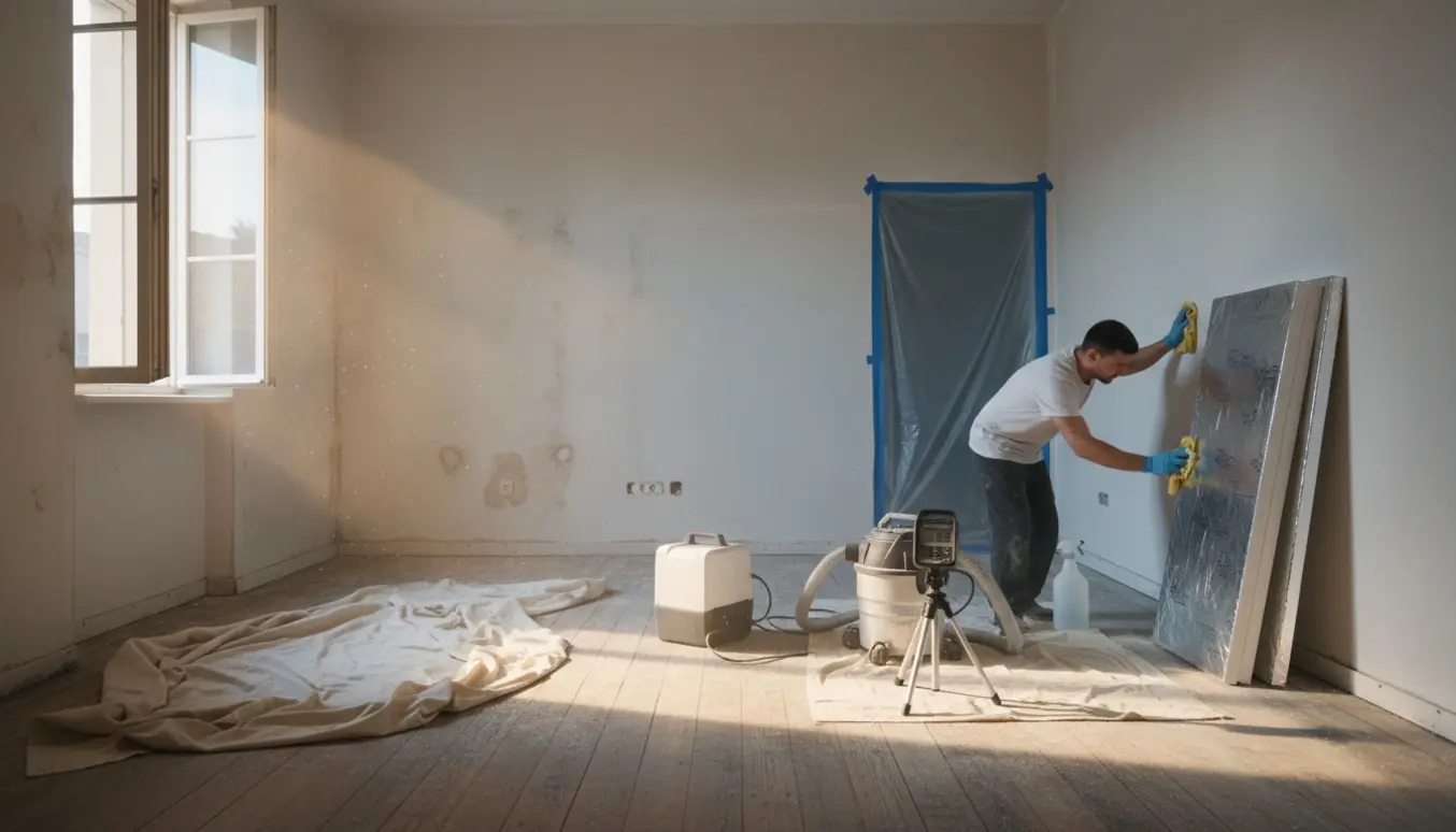 Indendørs scene med vægge afskallet til spartlet puds, gammelt plankegulv og HEPA-luftrenser under skimmelrensning.