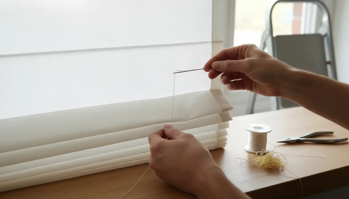 Hænder trækker nye tråde gennem hvide bomuld foldegardiner ved et solbelyst vindue.