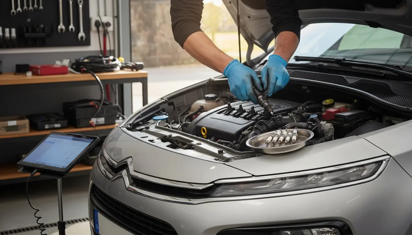Mekanikerens hånd fjerner en tændspole fra motoren i en sølvfarvet Picasso-lignende MPV i et lyst værksted.